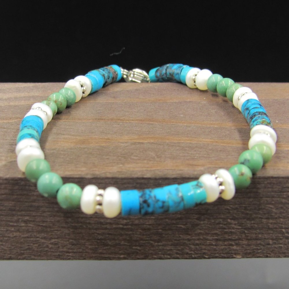 7" Sterling Small Pearls With Stones Bracelet